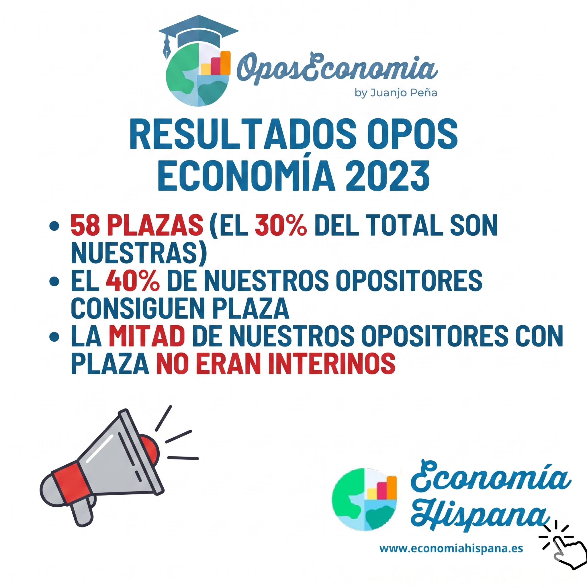 Resultados 2023 Juanjo Peña (OposEconomia): 58 plazas de Economía, 30% del total y 40% de opositores aprobados con plaza.