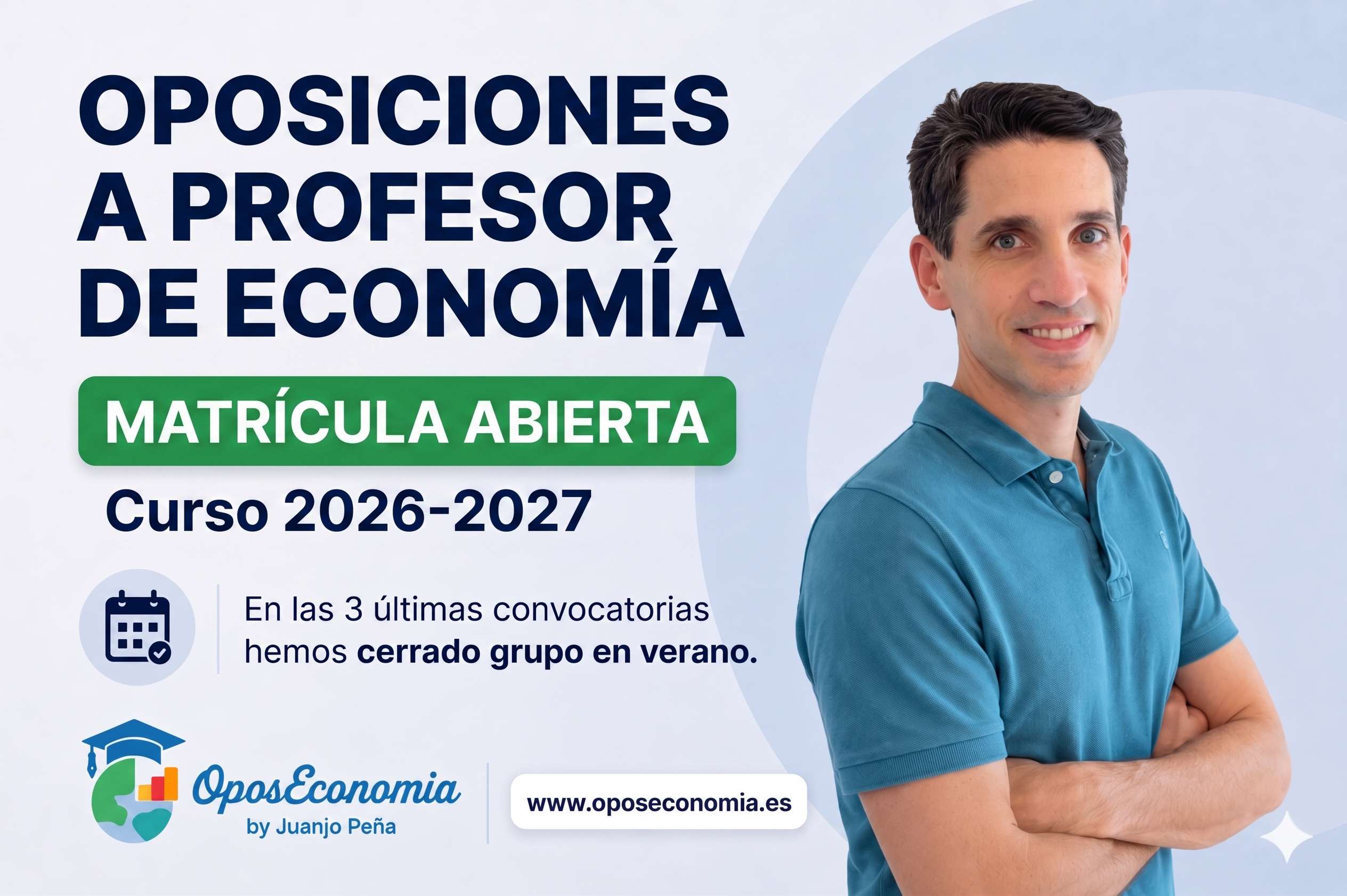 Juanjo Peña, preparador de oposiciones de profesor de Economía, anunciando la matrícula abierta para el curso 2026-2027